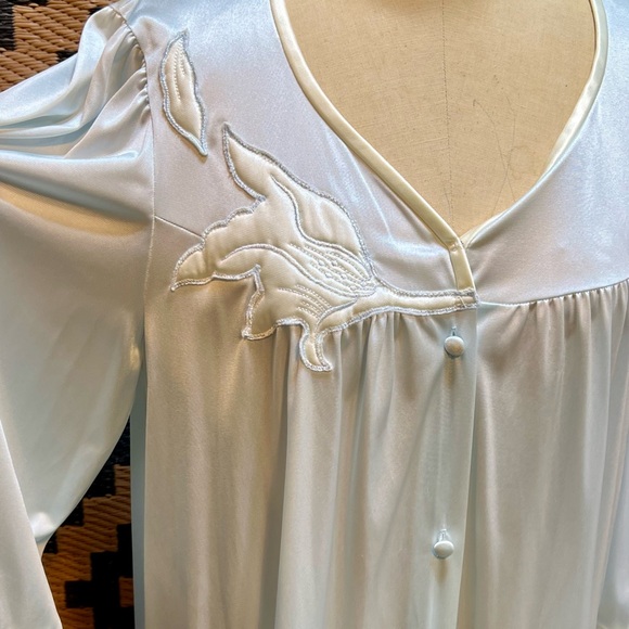 VINTAGE silky nightgown house robe embroidered floral button front‎ midi 80s - Picture 6 of 12